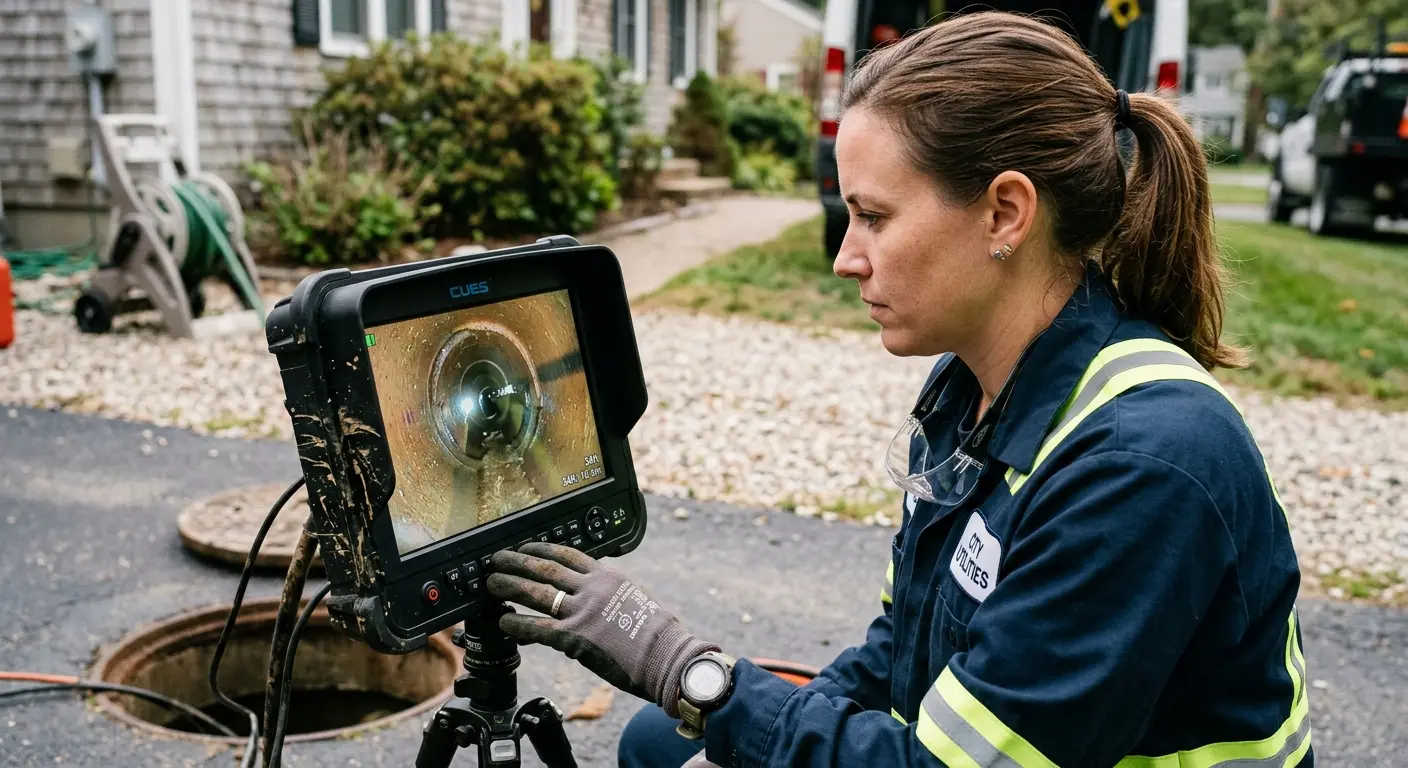 Technician reviewing sewer camera inspection footage in Monrovia