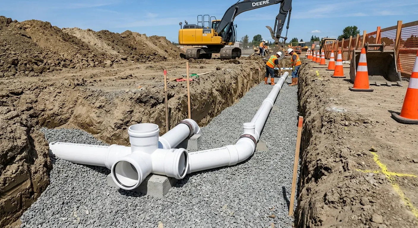New PVC sewer pipe installation in open trench for Sewer Backup in Monrovia