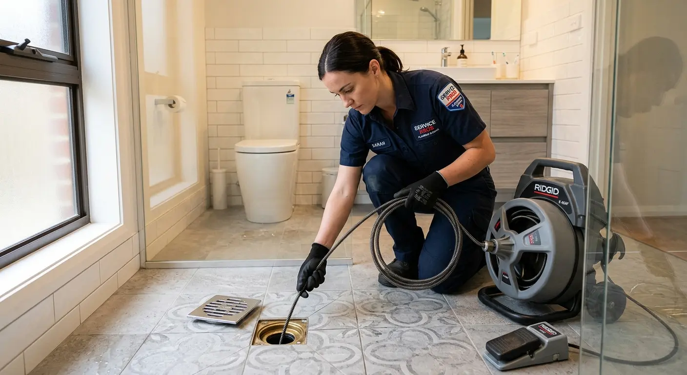 Technician clearing a bathroom floor drain for Sewer Line Replacement in Monrovia